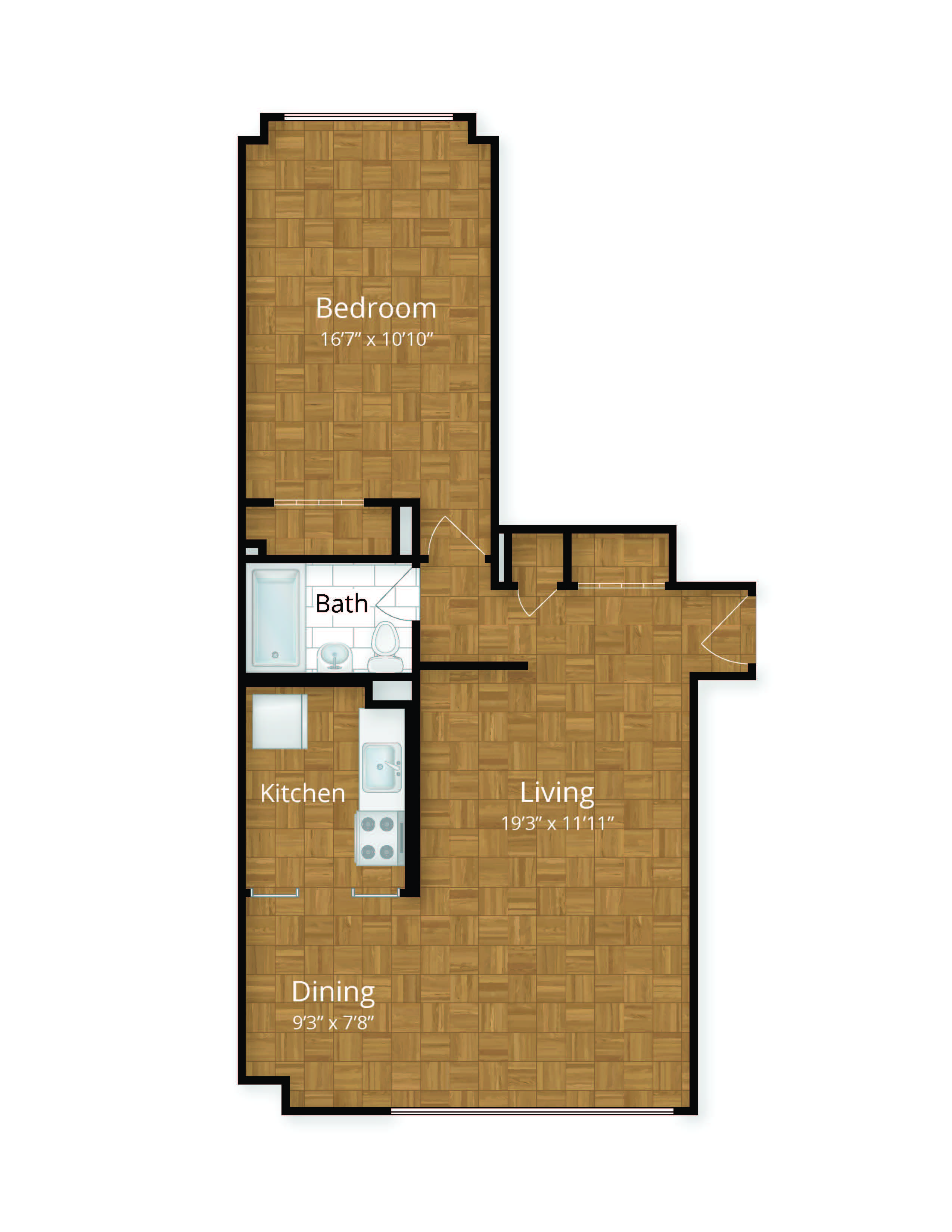 Floor plan for 1 bed, 1 bath, 717 sqft